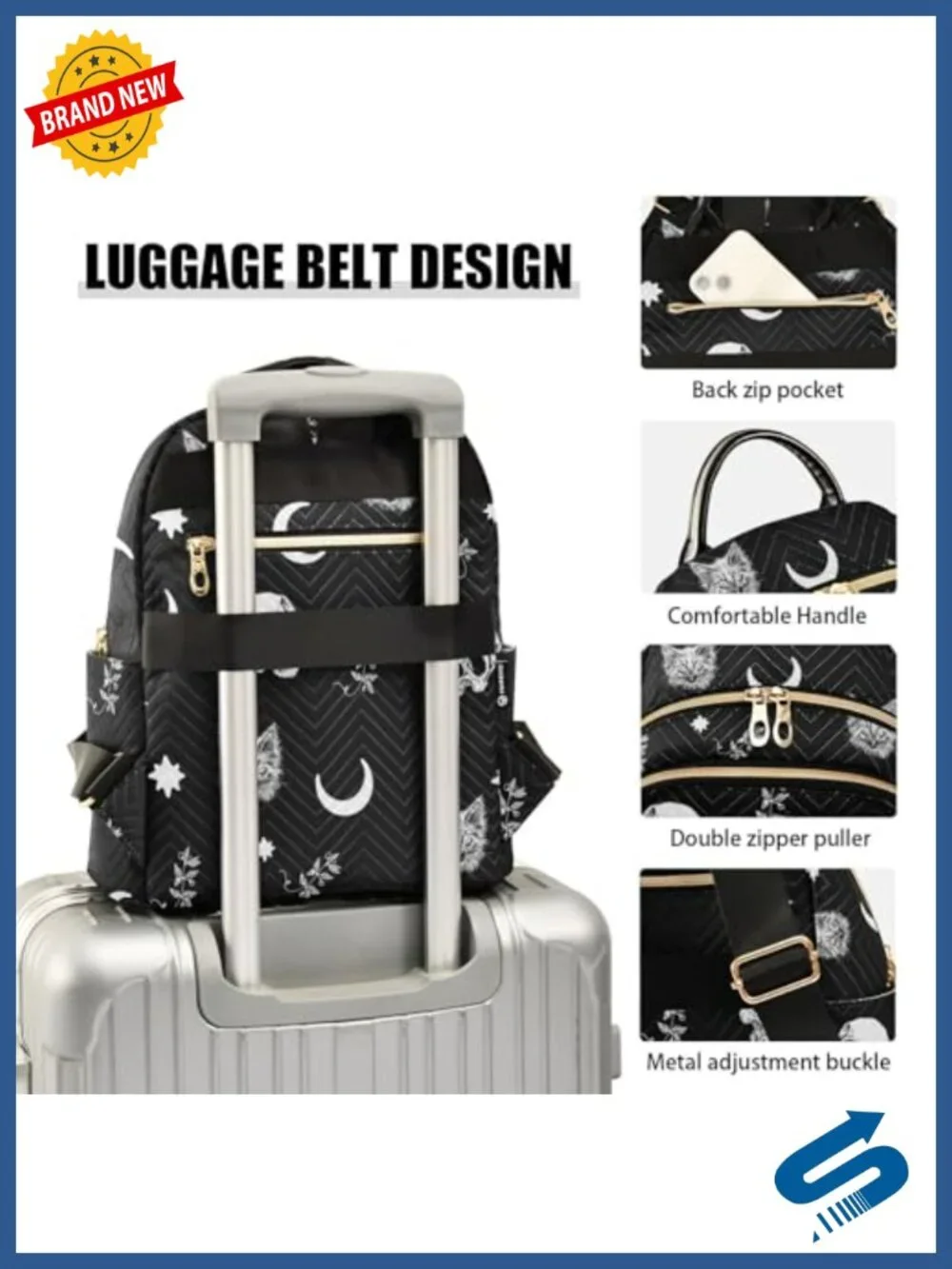 Gothic Skull Cat Moon Quilted Backpack Purse Women Travel Daypack